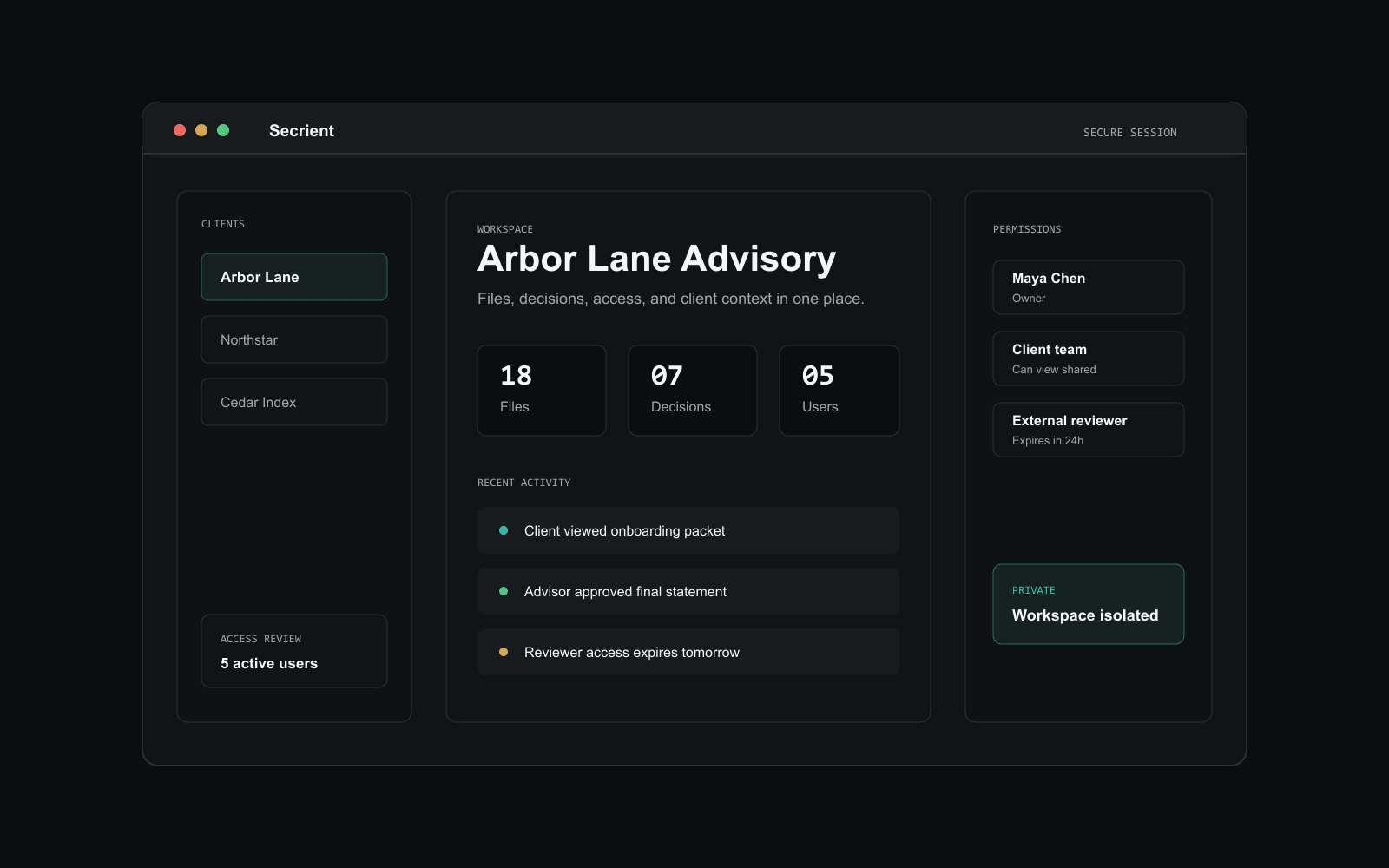 Secrient workspace preview showing private client files, access controls, and activity history